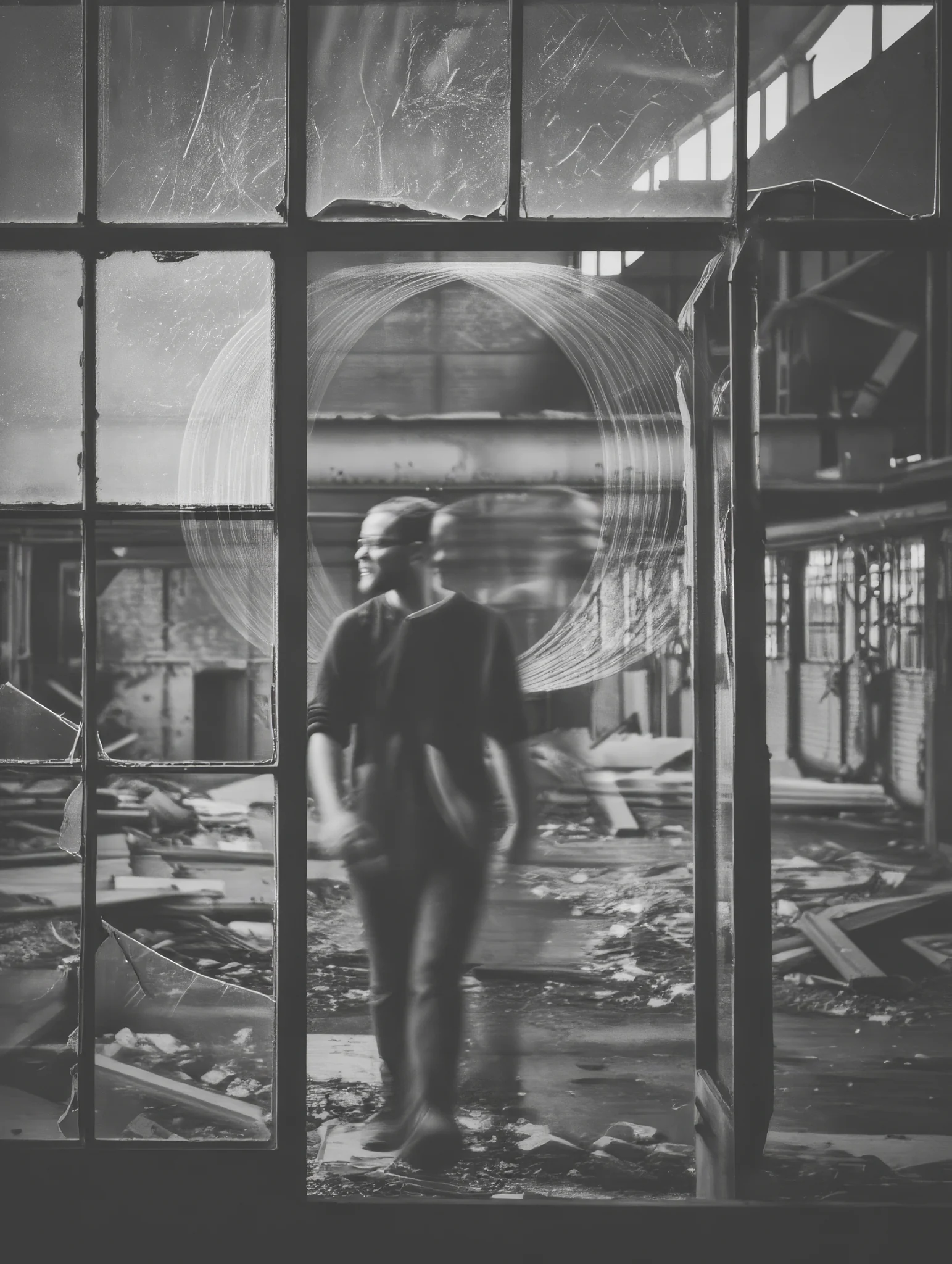 Alexander Kowalski in an industrial space with a circular Cycles motif.